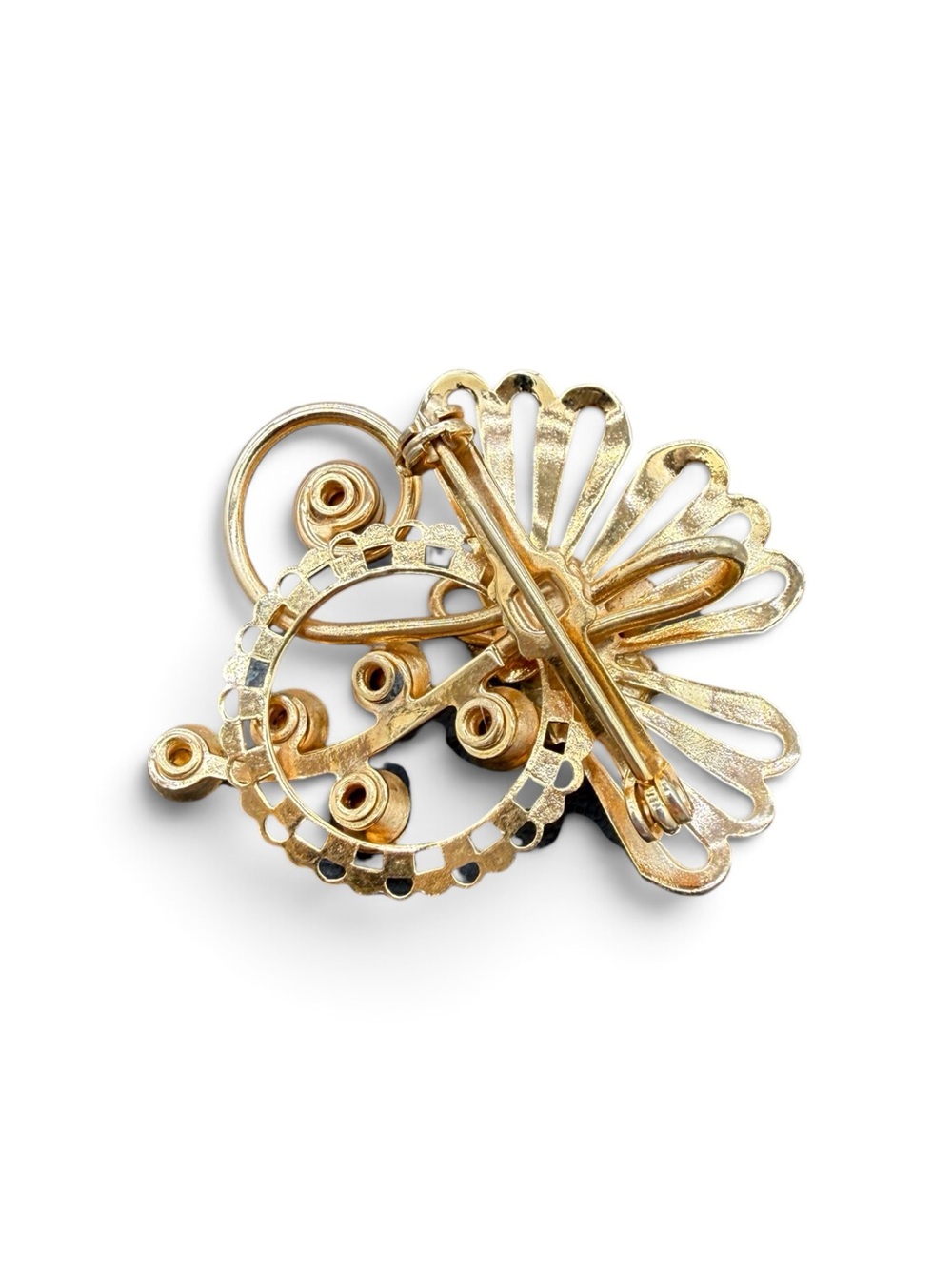 Vintage Mid-Century Gold-Tone Brooch with Aqua Blue Stones & Necklace Bail - Picture 3 of 6